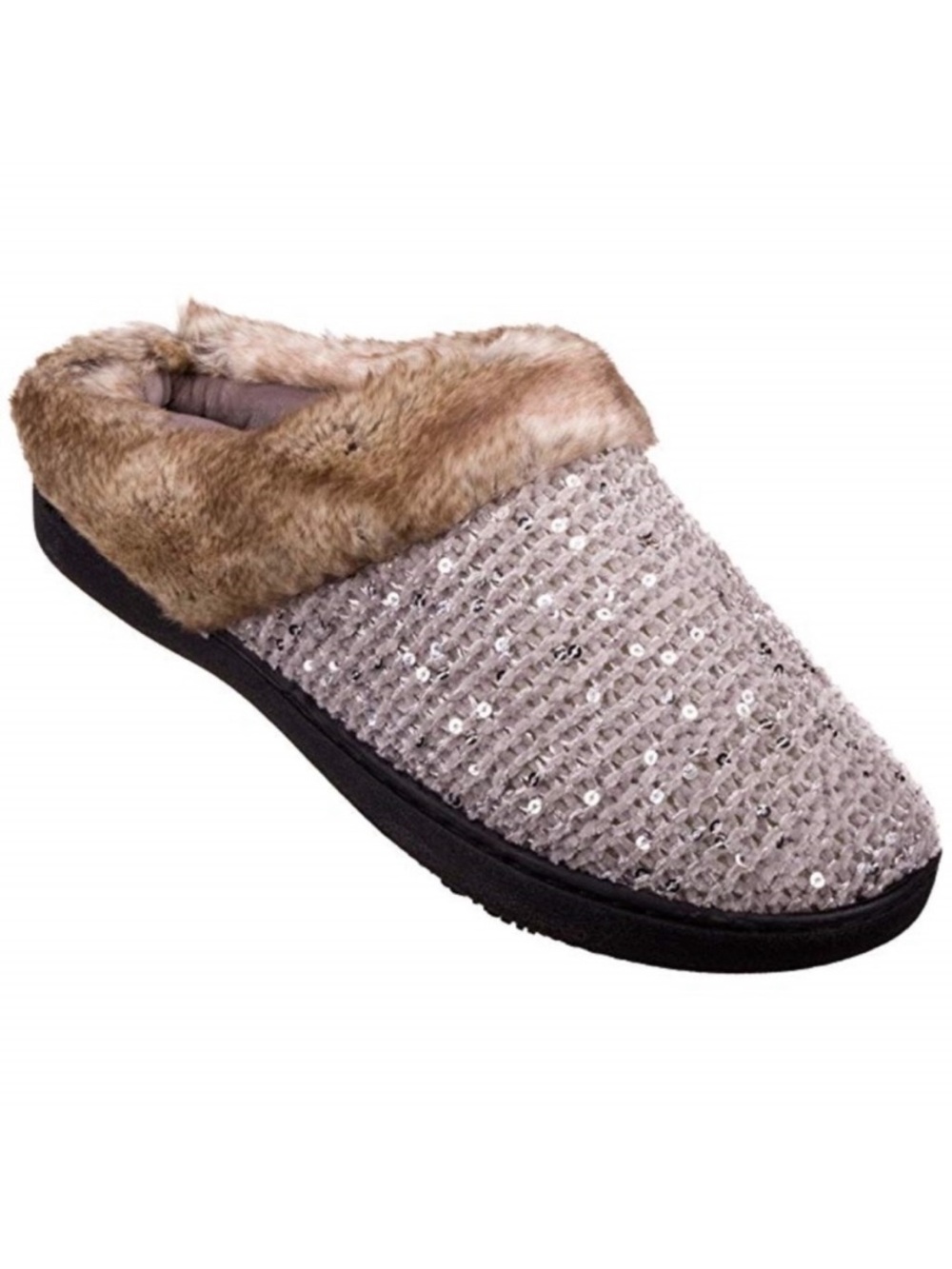 NWT Isotoner Women’s Sweater Knit Hoodback Gray Lurex Slippers, Medium (7.5-8.0)